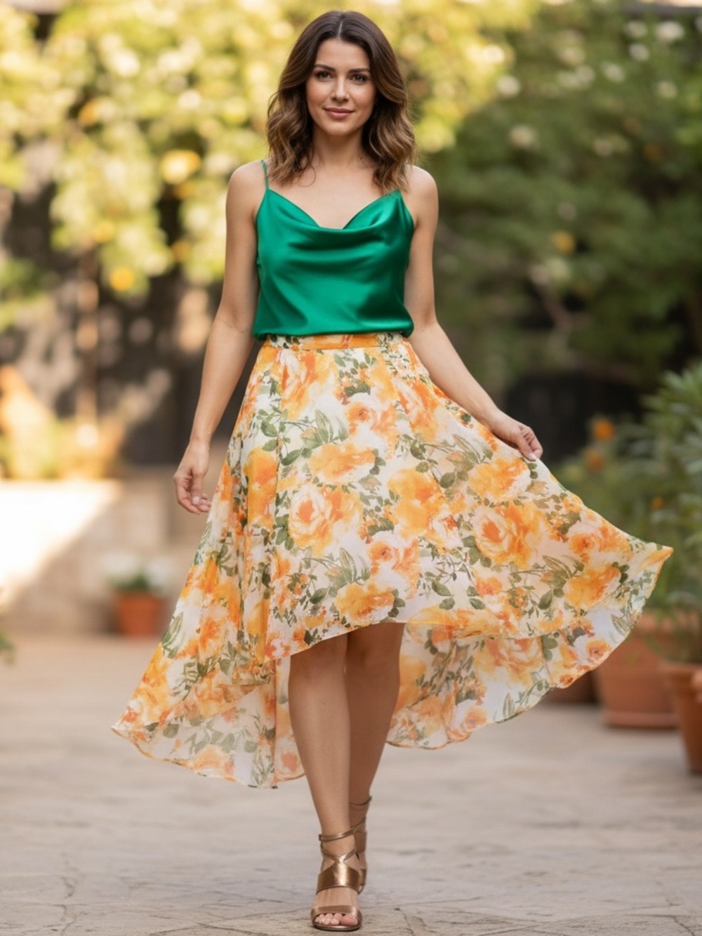 Cato Orange Floral High-Low Skirt
